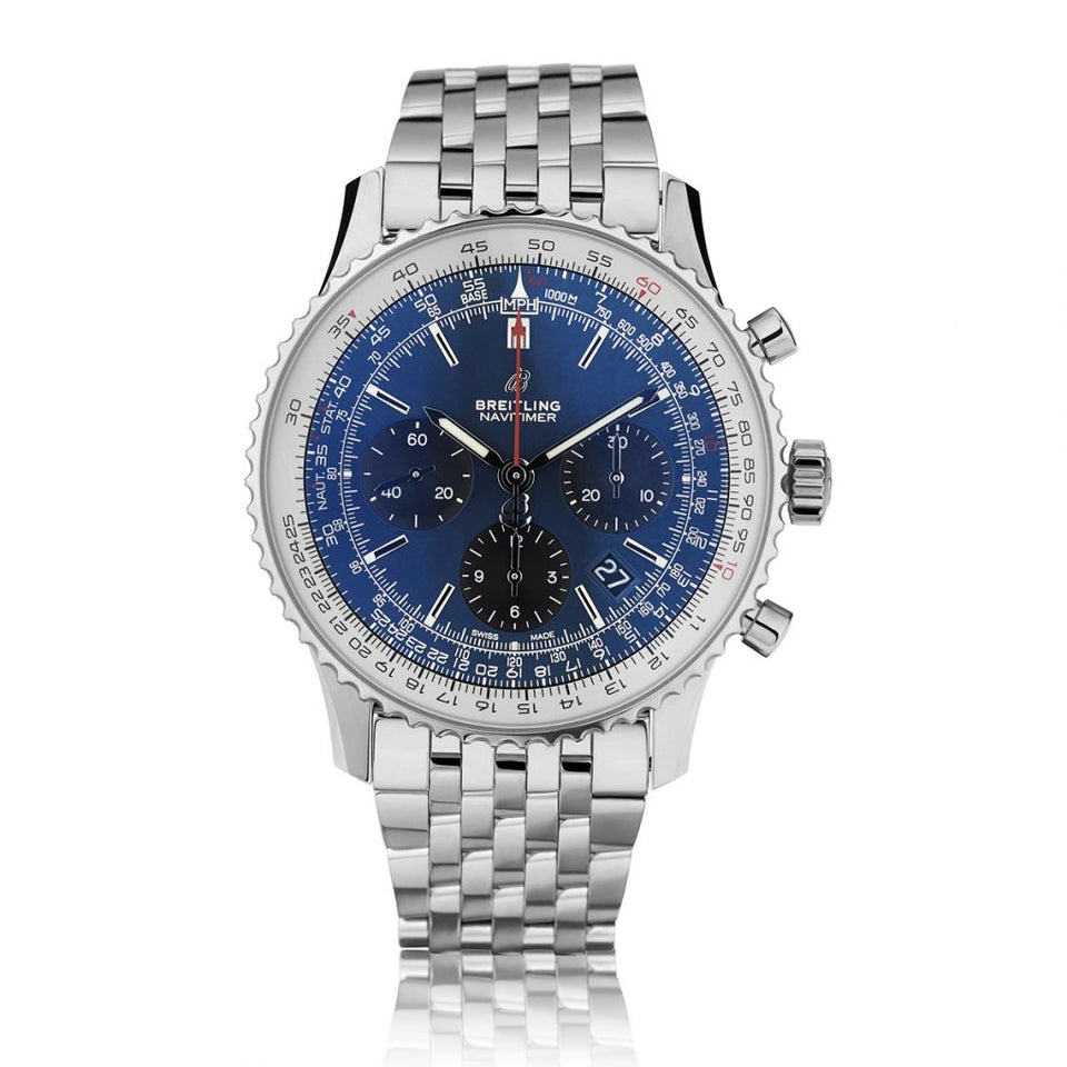 Breitling Navitimer 46mm men's chronograph watch, 46mm stainless steel case, blue dial with dark counters, steel bracelet – full front view