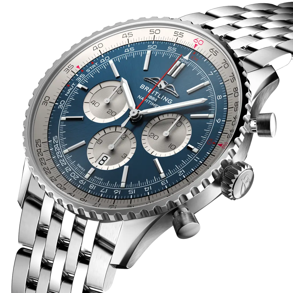 Breitling Navitimer 46mm men's chronograph watch, 46mm stainless steel case, blue dial, steel bracelet – angle view