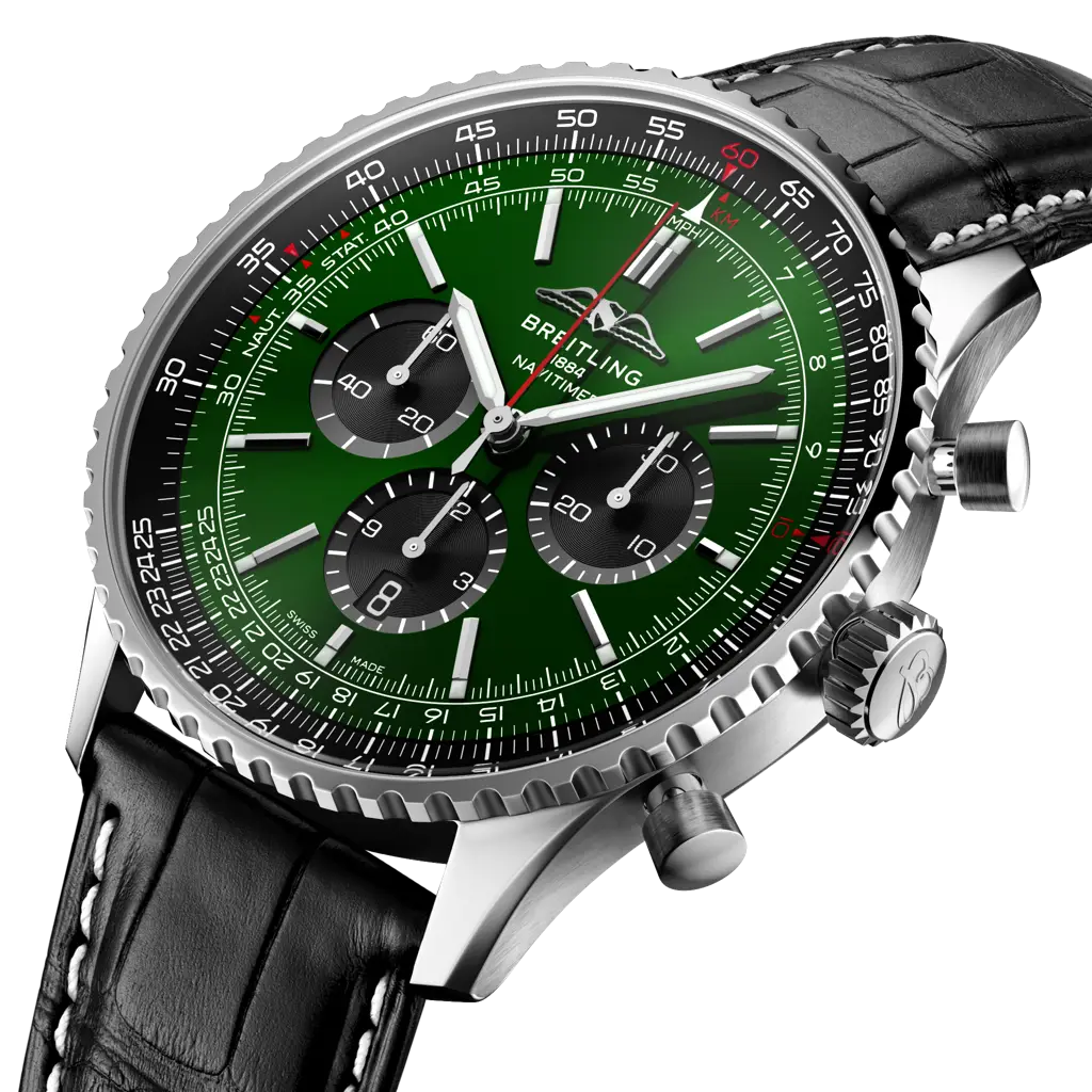 Breitling Navitimer 46mm men's chronograph watch, 46mm stainless steel case, green dial, black leather strap – angle view