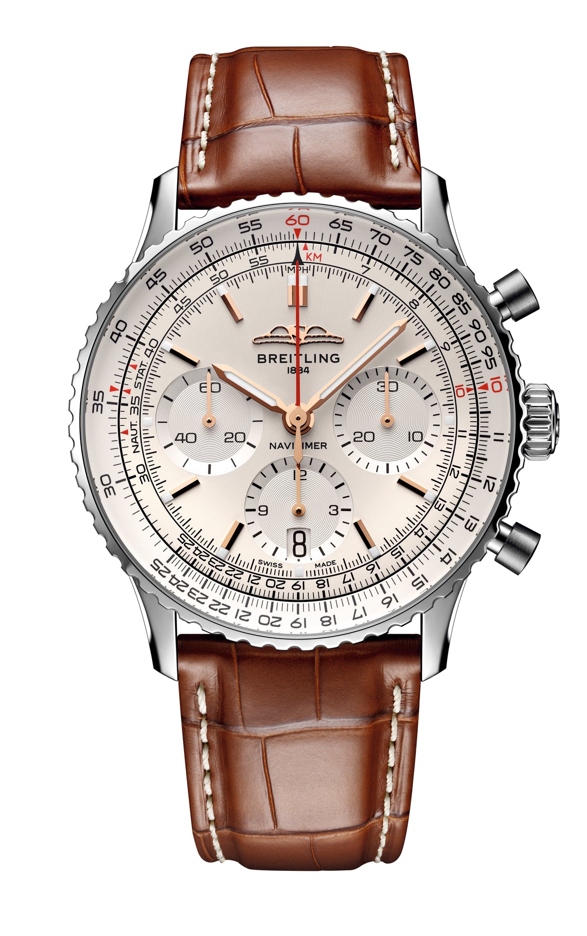 Breitling Navitimer 46mm men's chronograph watch, 46mm stainless steel case, white dial, brown leather strap – full front view