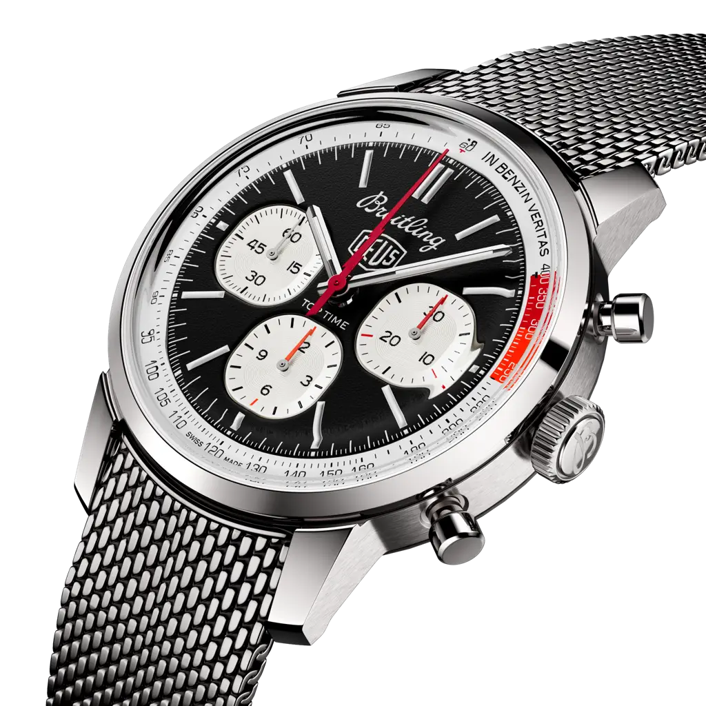 Breitling Top Time B01 Deus AB01765A1B1A1 men's chronograph watch, 41mm stainless steel case, black dial, steel mesh bracelet – angle view