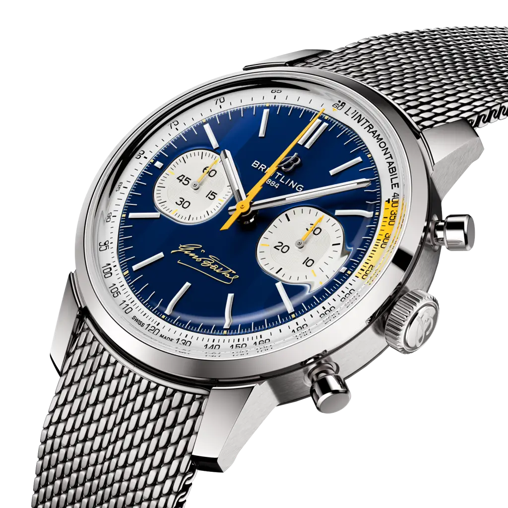 Breitling Top Time B01 Gino Bartali AB01767A1C1A1 men's chronograph watch, 41mm stainless steel case, blue dial, steel mesh bracelet – angle view