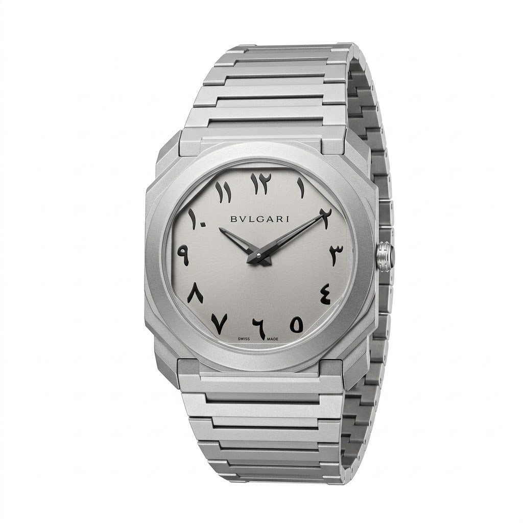 Bvlgari Octo Finissimo 40mm men's watch, Silver Eastern Arabic numeral dial, matte sandblasted silver stainless steel case and bracelet – view 2