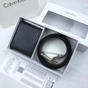 Calvin Klein wallet and belt set in a box on a white background