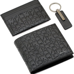 Flat lay view of Calvin Klein Black Monogram Wallet Cardholder and Keychain