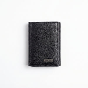 Professional angled studio view of the sleek Calvin Klein mirror original bi-fold leather wallet