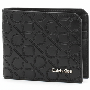 Side view of a Calvin Klein black leather bifold wallet featuring an all-over embossed CK monogram pattern and raised silver logo