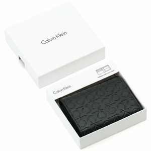Angled view of a Calvin Klein men's black leather wallet with an embossed CK pattern, elegantly presented inside its original open white gift box