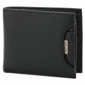 Front view of a standing Calvin Klein men's black pebbled leather wallet, featuring an exterior slot holding a removable card case with a silver metal logo plaque
