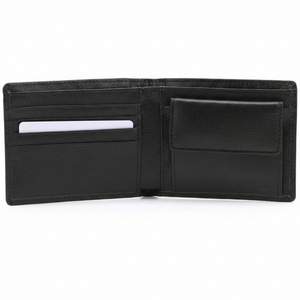 Interior layout of Calvin Klein black leather wallet displaying multiple card slots and a secure snap-button coin compartment