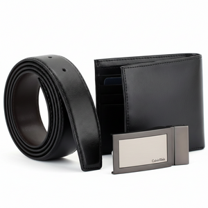 Black leather belt, wallet, and cardholder with Calvin Klein branding on a white background