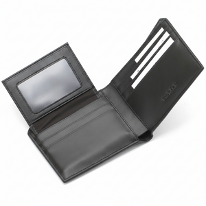 Open layout of Calvin Klein black men's wallet displaying card holder sections and an ID window on premium black leather