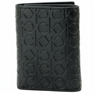 Rear view of a standing Calvin Klein men's black leather wallet highlighting the premium finish and the continuous all-over embossed CK logo pattern