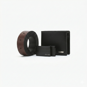 Calvin Klein men's luxury gift set featuring black pebble leather wallet and matching belt with a modern matte black logo buckle
