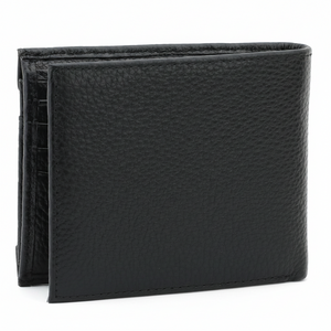Rear view of a standing Calvin Klein men's black pebbled leather bifold wallet, highlighting the premium textured finish and clean stitching