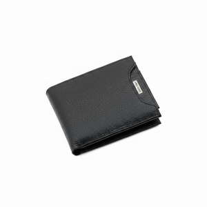Angled view of a slightly open Calvin Klein men's black pebbled leather bifold wallet showcasing a silver metal logo plaque and an exterior slot for a removable card case