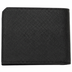 Rear view of a closed Calvin Klein men's black saffiano leather wallet highlighting the durable scratch-resistant textured finish