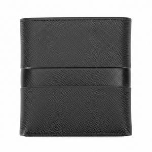 Rear view of a closed Calvin Klein men's black saffiano textured leather wallet highlighting the clean minimalist design and the continuous smooth horizontal band