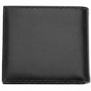 Rear view of a closed Calvin Klein men's black smooth leather wallet highlighting the clean minimalist design and premium stitching