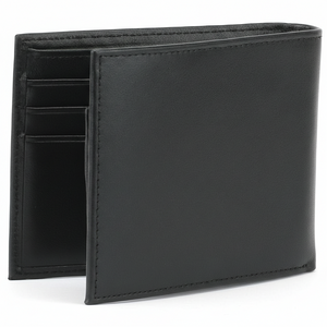 Perspective view of a standing closed Calvin Klein men's black smooth leather bifold wallet featuring a small, subtle debossed logo in the bottom corner