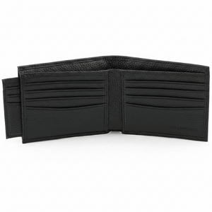 Straight-on interior view of a fully open Calvin Klein men's black leather wallet, showcasing multiple card slots on both sides and premium stitching details