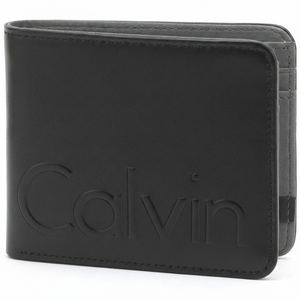 Rear view of a Calvin Klein men's black leather bifold wallet showcasing the debossed Klein logo and a glimpse of the contrasting grey interior edge