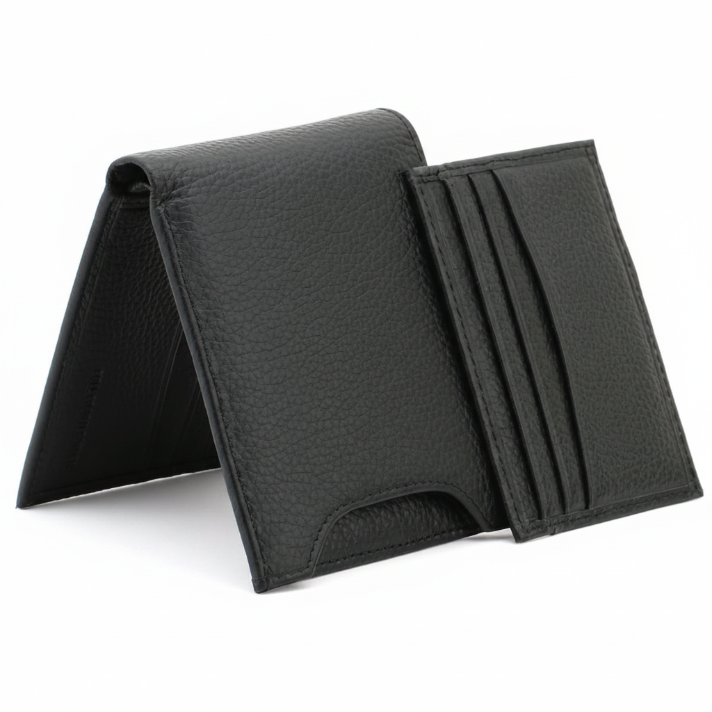 Angled view of a standing Calvin Klein men's black pebbled leather wallet with its matching removable card case partially pulled out from the front exterior slot