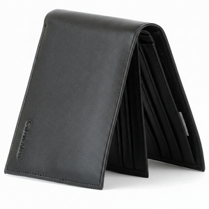 Perspective view of a standing semi-open Calvin Klein men's black leather wallet displaying the front logo and showcasing an extra interior flap with multiple card slots