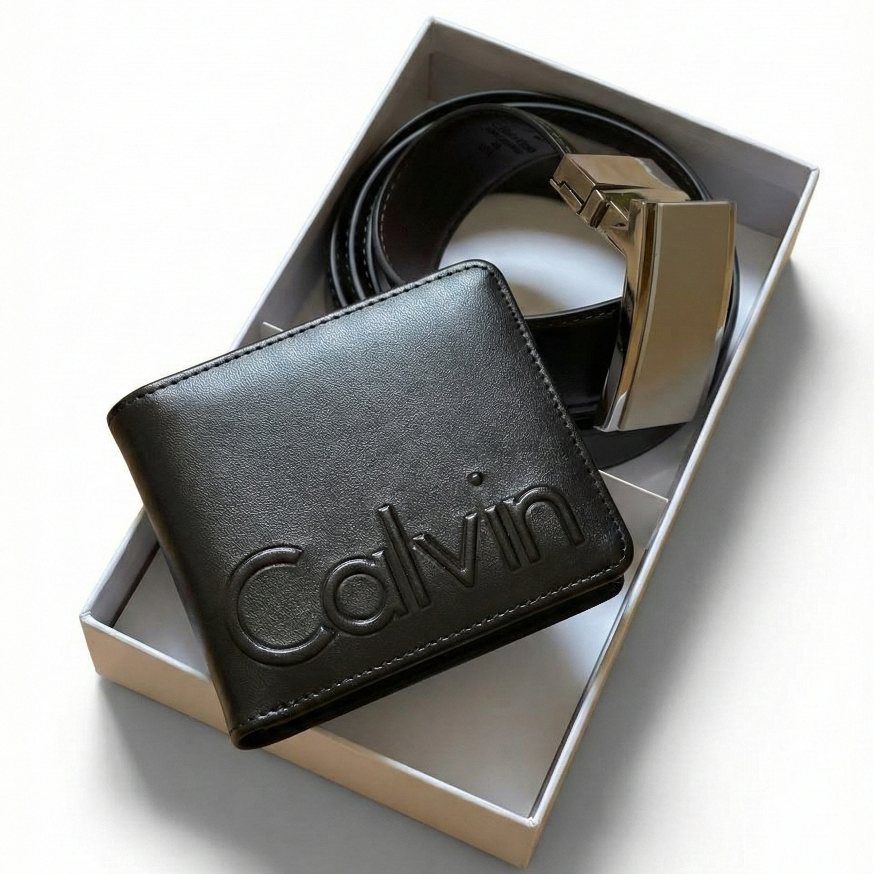 Calvin Klein Gift Set with Big Logo Wallet and Silver Automatic Buckle Belt