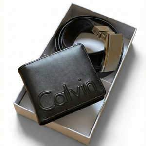 Calvin Klein Gift Set with Big Logo Wallet and Silver Automatic Buckle Belt