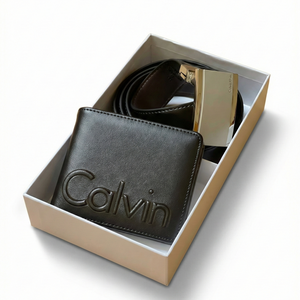 Angled view of Calvin Klein Gift Set Box Black Wallet and Belt