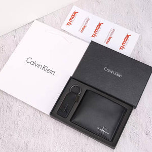 Calvin Klein wallet and keychain set in a box with Tymox branding.
