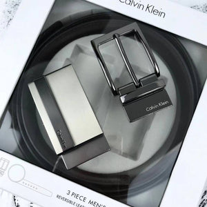 Display of Calvin Klein Gift Set showing both Automatic Ratchet and Classic Prong Buckles