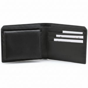 Interior view of Calvin Klein Jeans black wallet featuring snap-button coin pocket and card slots