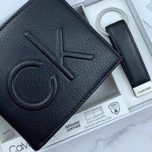 Close up of Large Embossed CK Logo on Black Pebbled Leather Wallet