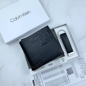 Calvin Klein Gift Set with Big Embossed CK Logo Wallet and Leather Key Fob