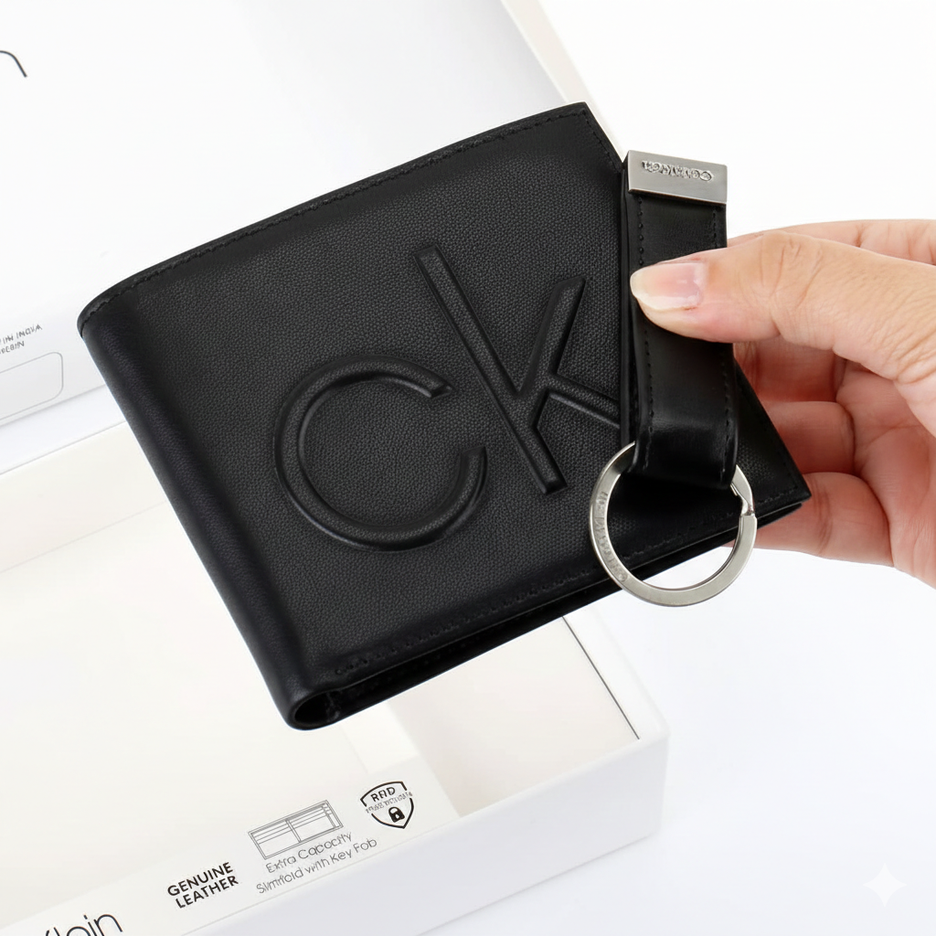 High-angle shot of a Calvin Klein black leather wallet with an embossed oversized cK logo, paired with a matching silver-accented leather keychain