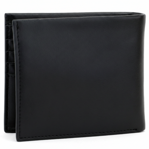 Rear view of the Calvin Klein Jeans black leather bifold wallet highlighting the premium smooth leather texture and high-quality stitching