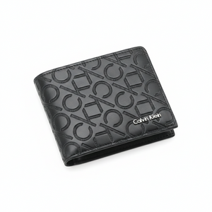 Front view of a Calvin Klein men's black leather wallet featuring an all-over embossed CK monogram pattern and a raised silver metal Calvin Klein logo