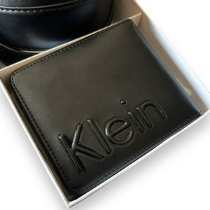 Front view of the Calvin Klein men's black leather belt and matching bifold wallet gift set.