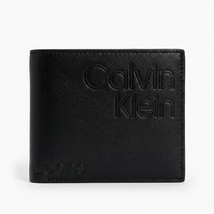 Straight back view product photography of the Calvin Klein Jeans mirror original smooth black leather wallet showing a minimalist clean stitched layout