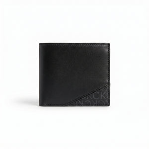 Straight studio layout view of the Calvin Klein mirror original black leather wallet back panel next to its standalone matching leather key ring