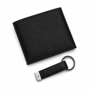 Straight back view product photography of the Calvin Klein mirror original smooth black leather wallet showing a minimalist clean stitched layout
