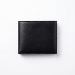 Straight back view product photography of the Calvin Klein mirror original smooth black leather wallet showing a minimalist clean stitched layout
