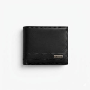 Straight front view product photograph of the Calvin Klein mirror original black leather bifold wallet showcasing the horizontal double-stitch design