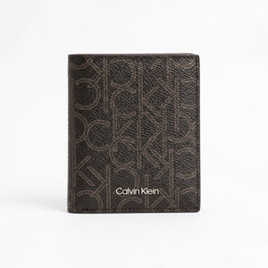 Straight front view product photograph of the Calvin Klein mirror original smooth black leather bifold wallet showcasing the vertical stitched panel layout