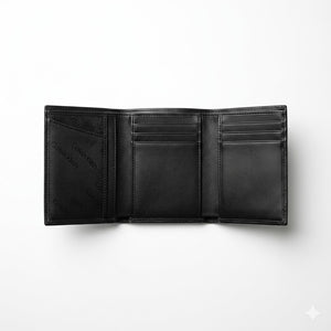 Internal layout view of the opened Calvin Klein mirror original leather bifold wallet showcasing symmetrical card slots and debossed Calvin Klein text branding
