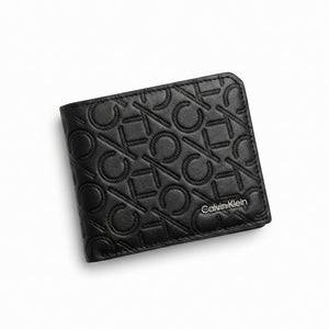 Straight front view product photograph of the Calvin Klein mirror original smooth black leather bifold wallet showcasing the horizontal monogram strip and silver logo plate