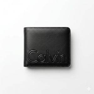 Clean studio product presentation of the Calvin Klein mirror original smooth black leather bifold wallet front panel centered on white background