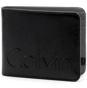 Straight front view product photograph of the Calvin Klein mirror original smooth black leather bifold wallet showcasing the large debossed Calvin text logo
